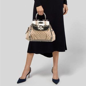Rare Gucci Pop Bamboo Top Handle Bag GG Monogram Mettalic Leather Trim